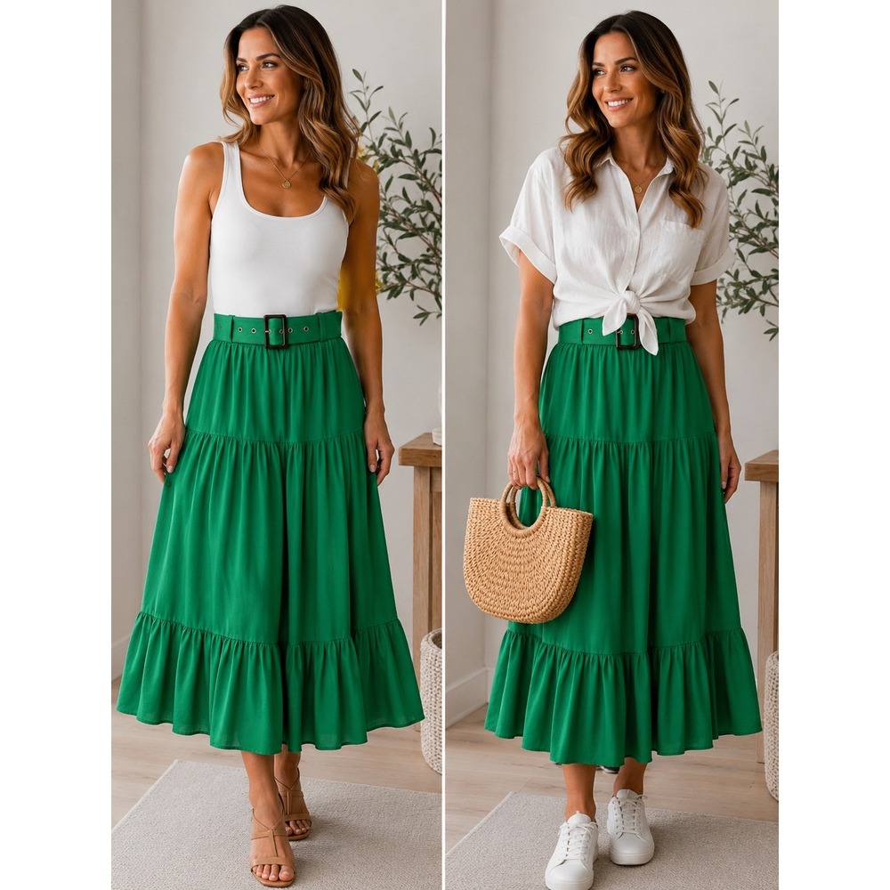 Banana Republic Green Tiered Midi Skirt with Belt Size 6